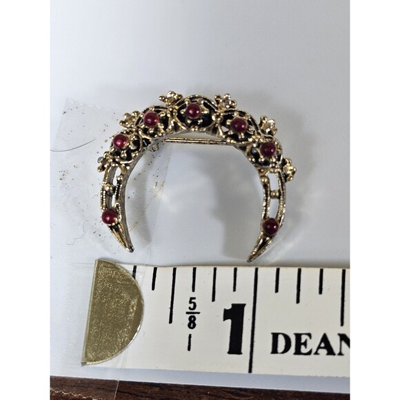 Vintage Brooch Gerry Weber Crescent Moon Pin Gold Tone Red Enamel Art Deco - Picture 8 of 8